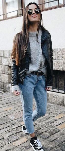 trendy outfit_black jacket + grey sweater + jeans + converse