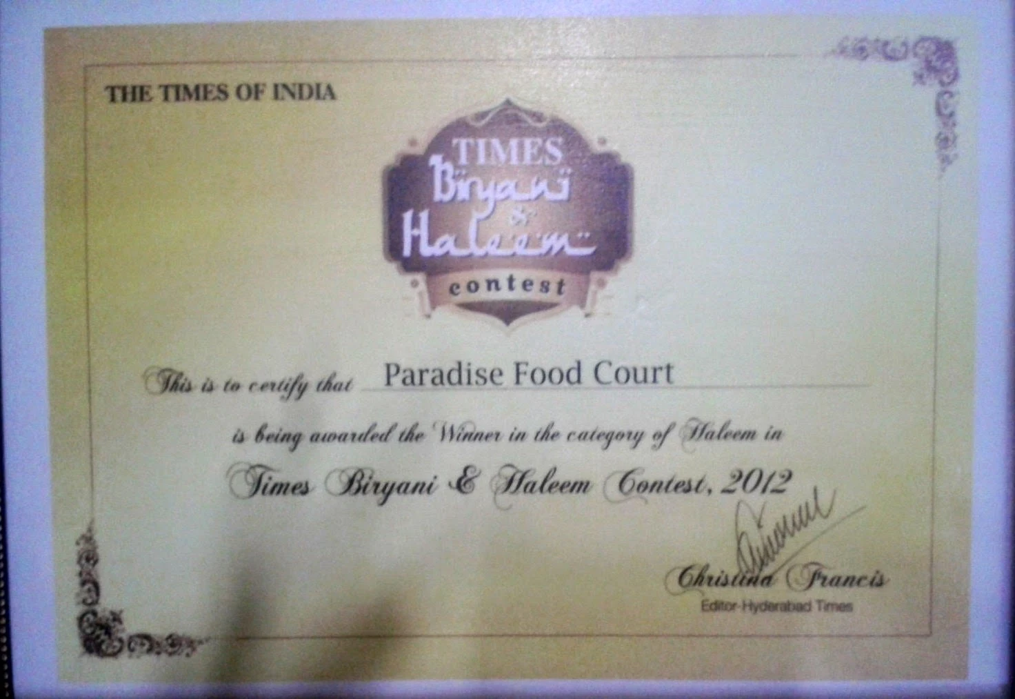 Foodaholix haleem Paradise certificate