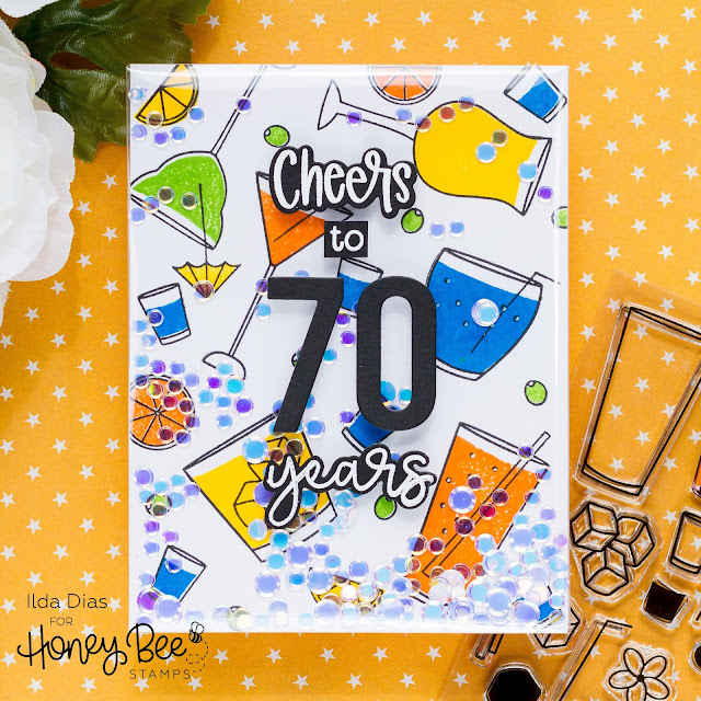 Cheers, 70 Years, Frameless Shaker, Birthday Card, Honey Bee Stamps, Card Making, Stamping, Die Cutting, handmade card, ilovedoingallthingscrafty, Stamps, how to, Atelier Inks, Raise A Glass, 