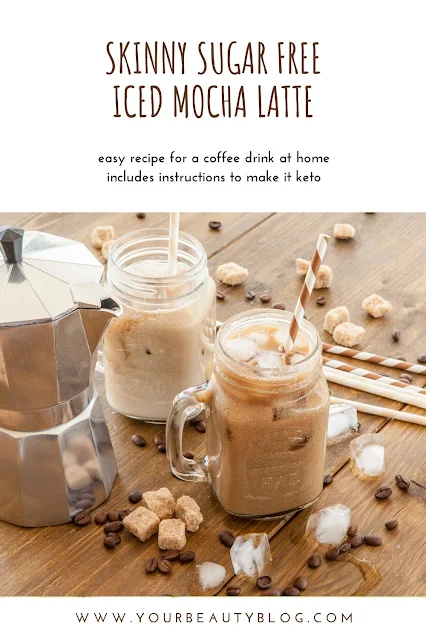How to make a skinny iced mocha latte recipe. This is like a Starbucks or Dunkin Donuts drinks, but it's a lot cheaper and has fewer calories and sugar.  This is an easy coffee drink to make at home.  Make a healthy Starbucks drinks low calories at home.  Also includes options to make it a keto coffee drink with coconut oil or MCT oil. #coffee #icedcoffee #icedlatte #mochalatte