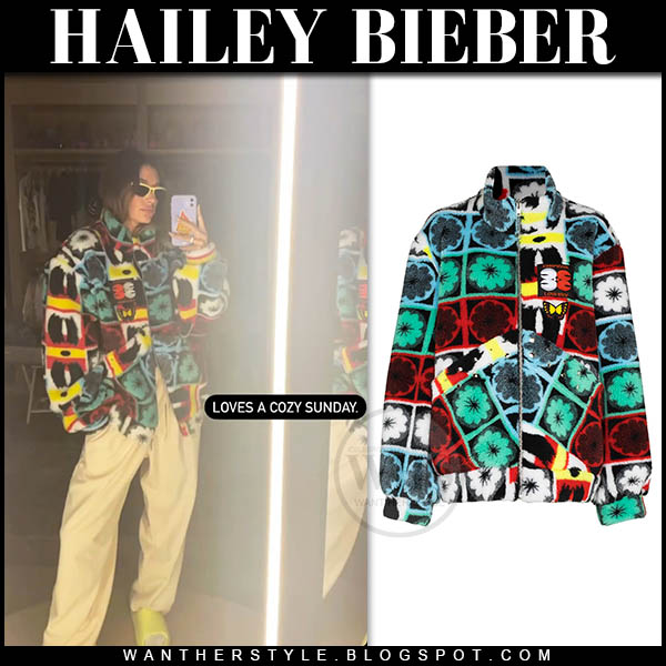 Hailey Bieber in multicolor print jacket