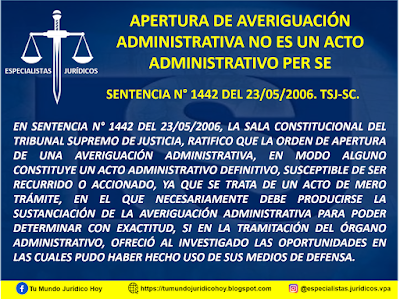 SENTENCIA N° 1442 DEL 23/05/2006. TSJ-SC. APERTURA DE AVERIGUACIÓN ADMINISTRATIVA NO ES UN ACTO ADMINISTRATIVO PER SE