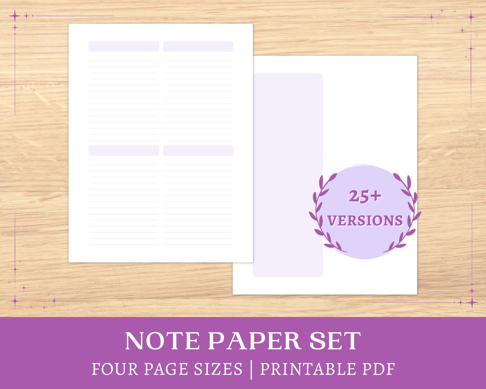 Purple lines and soft purple colour blocks feature in this set of note paper