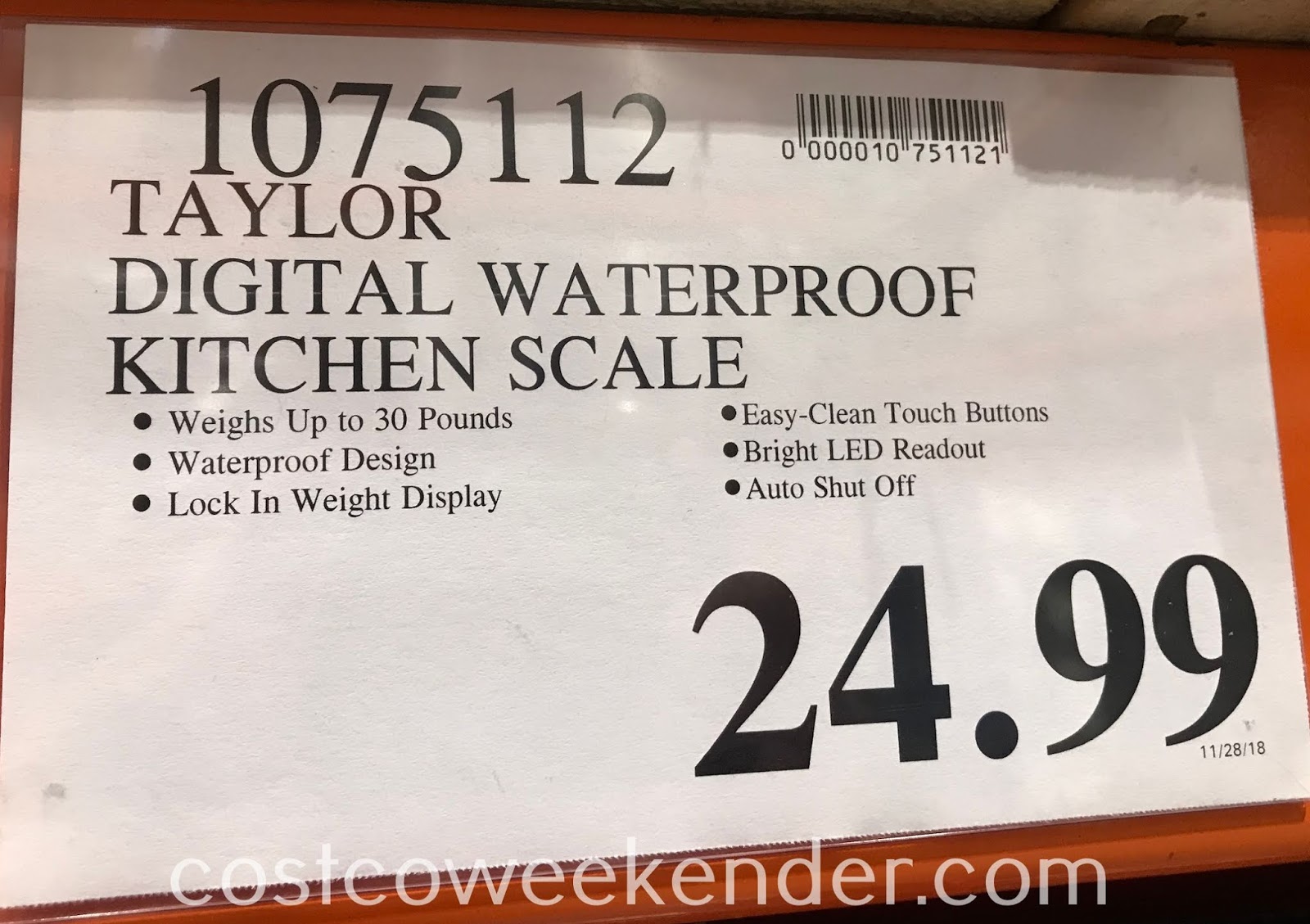 Costco Taylor Digital Waterproof Kitchen Food Scale 