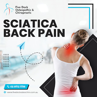 Picture of lady wearing white singlet.  She has red showing back and neck pain.  Chiropractic sciatica is the caption written in black. 