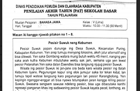 Soal Ulangan Bahasa Jawa Kelas 5 Semester 2 K13