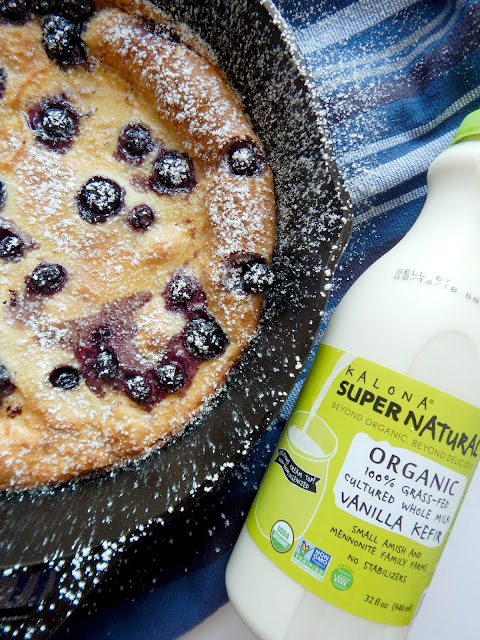 Cast Iron Skillet Dutch Baby...this delicate, thin, tender dutch baby pancake has a secret dairy ingredient!  Pull this out of the oven, dust with powdered sugar and dig in!  Start to finish done in 30 minutes. Perfect for breakfast, brunch, even dessert! #KalonaSuperNatural (sweetandsavoryfood.com)