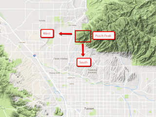 Map of Pusch Peak in relation to Oro Valley and Tucson, Arizona