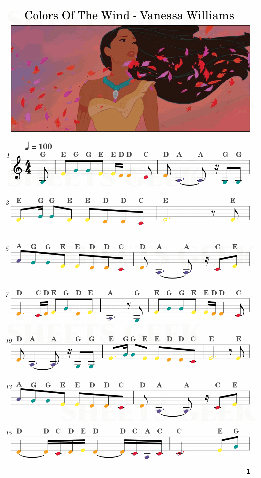 Colors Of The Wind - Vanessa Williams (Pocahontas) Easy Sheet Music Free for piano, keyboard, flute, violin, sax, cello page 1