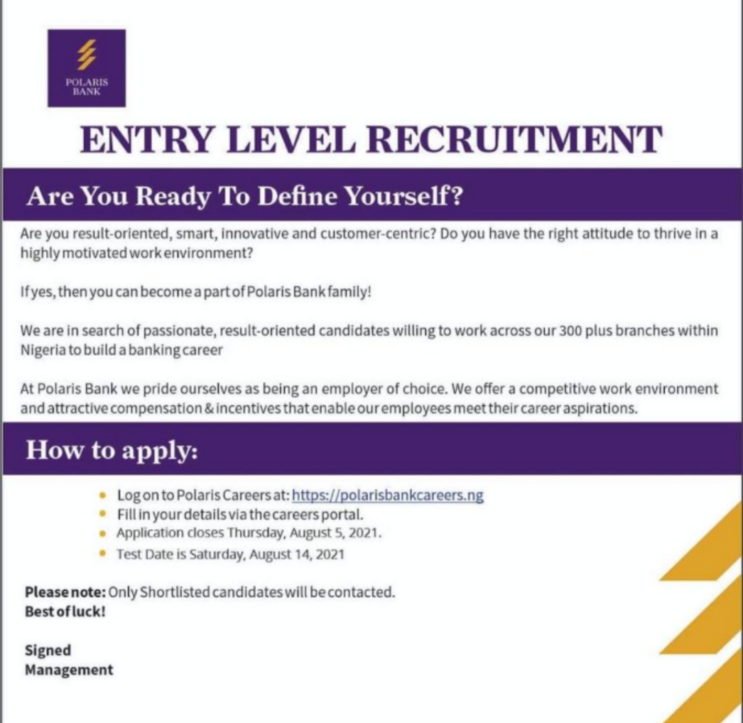 Polaris Bank Limited Nationwide Entry Level Recruitment 2021: https://e-recruiter.ng/portal/polaris/register