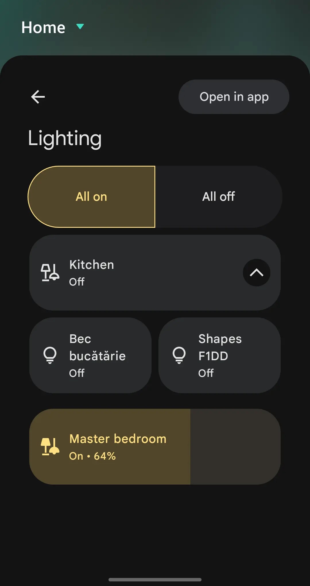 Screenshot of the Google Home device control panel on a Samsung smartphone - Lighting controls