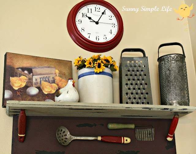 chickens, vintage kitchen, graters, red clock