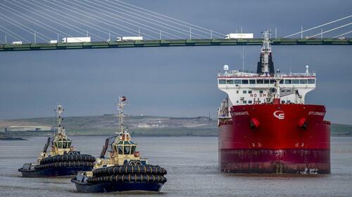 Tugboats escorted a tanker following a delivery of Russian diesel to a fuel terminal in Purfleet, U.K., in early April.