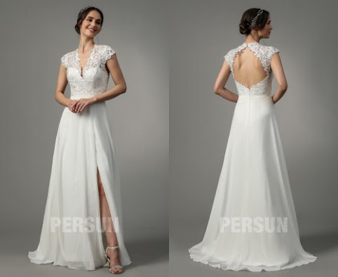 Robe mariée jupe fendue & dos ouvert haut en dentelle