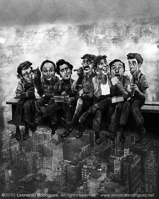 Illustration of Jewish comedians in New York as the famous "Lunch atop a Skyscraper" photo. from Left to right:  Woody Allen, Billy Cristal, Andy kaufman, Groucho Marx, Milton Berle, Mel Brooks and Jerry Lewis.