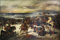 The Battle of Nancy by romantic painter Eugène Delacroix c.1831, related to the Death of Sardanapalus via rich vivid colors.