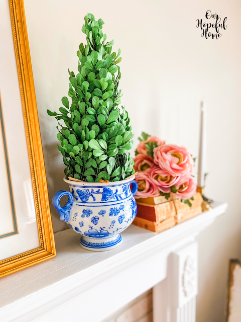 vintage chinoioserie cache pot boxwood topiary pink peonies