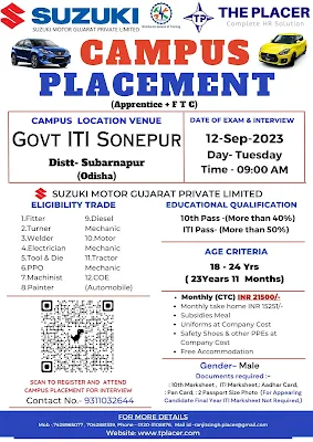 Suzuki Motors Campus Placement September 2023 : ITI Jobs Campus Placement in Odisha, and Chhattisgarh for Suzuki Motors