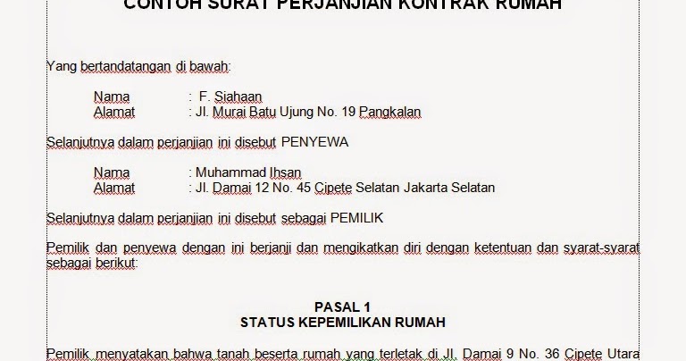 [.doc] CONTOH DRAFT SURAT PERJANJIAN SEWA (KONTRAK) RUMAH 