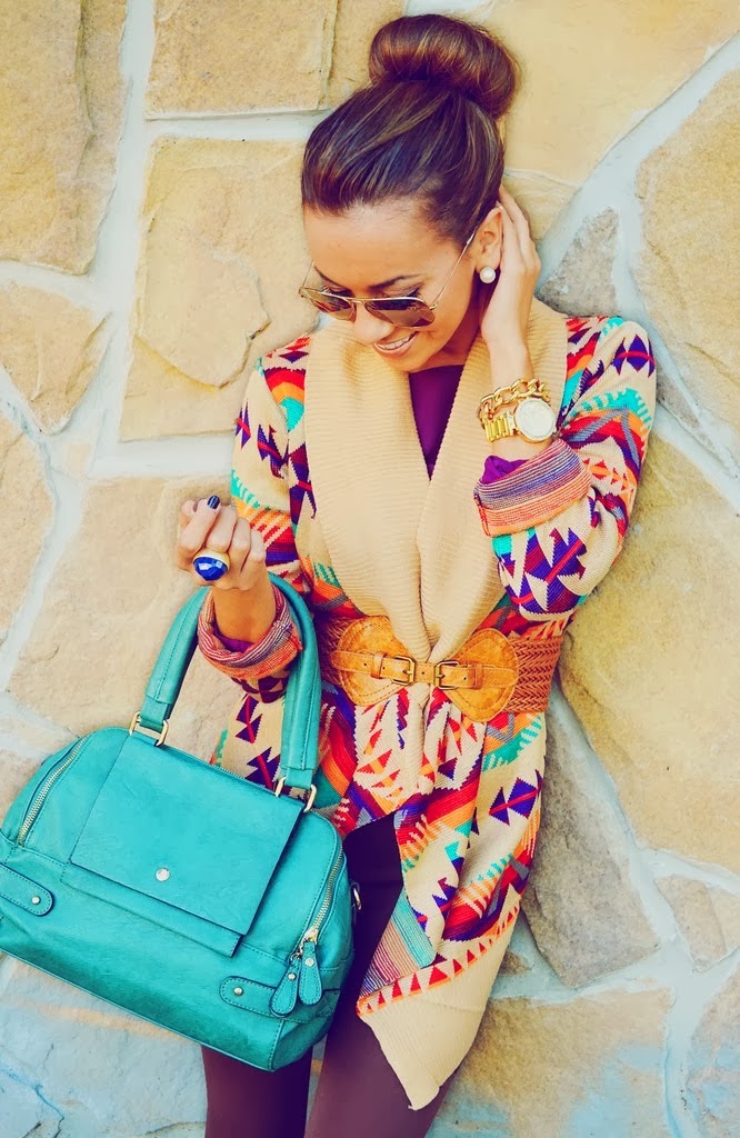 Colorful Belted Cardigan With Mint Handbag