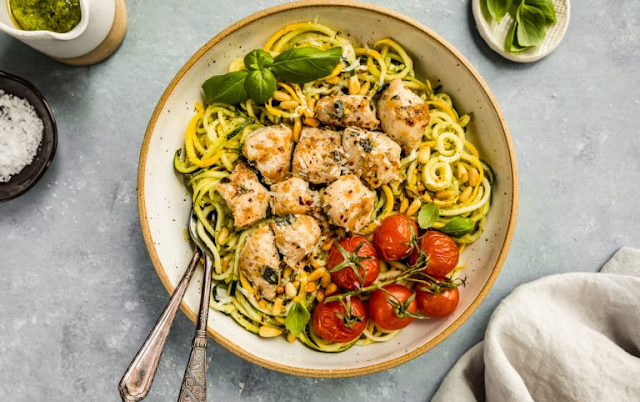 Pesto Chicken Zoodles with Burst Tomatoes