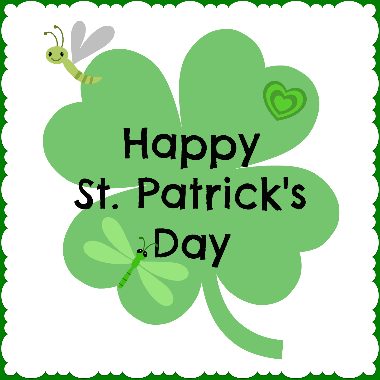 green shamrock with text wishing you a Happy St. Patrick's Day with digital cute bugs by BeckyCharms