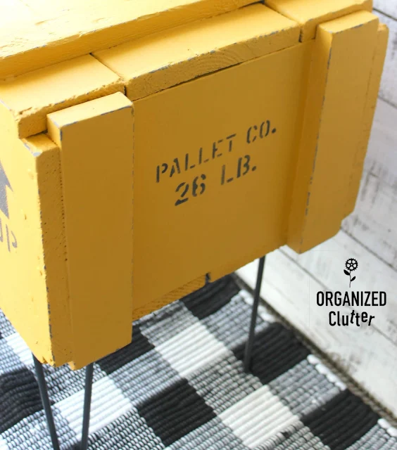 A Colonel Mustard Shipping Crate Table with Old Sign Stencils #oldsignstencils #stencil #repurpose #shippingcrate #crate #garagesalefind #colonelmustard #upcycle