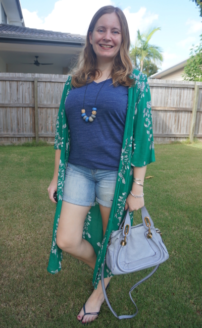 blue and green outfit with floral duster denim shorts navy tee | awayfromblue