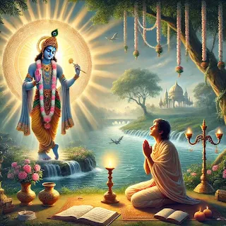 यह चित्र एक सच्चे भक्त की यात्रा को दर्शाता है। इसमें एक भक्त को भगवान श्रीकृष्ण के सामने हाथ जोड़े हुए, गहरी प्रार्थना और भक्ति के साथ दिखाया गया है। भक्त के चारों ओर दीपक, फूल, और पवित्र ग्रंथ जैसे प्रतीक भक्ति के माहौल को प्रकट करते हैं। पृष्ठभूमि में बहती नदी, हरियाली, और कोमल धूप का प्राकृतिक दृश्य शांति और आध्यात्मिकता को बढ़ाता है। भगवान श्रीकृष्ण की दिव्य आभा उनके मार्गदर्शन और आशीर्वाद का प्रतीक है। यह चित्र भक्ति, समर्पण, और सच्चे भक्त बनने की प्रेरणा देता है।