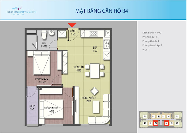 Căn hộ B4 diện tích 57,8 m2 OCT2 Xuân Phương