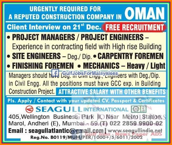 Reputed construction company Jobs for Oman - Free Recruitment