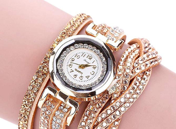 Hunputa Women Luxury Crystal Women Gold Bracelet Quartz Wristwatch Rhinestone Clock Ladies Dress Gift Watches (Gold)