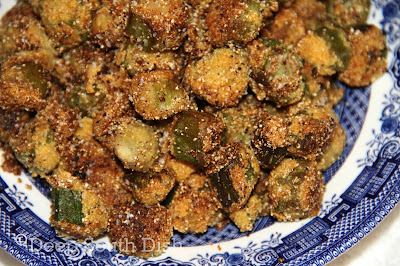 Classic Southern style, cast iron skillet fried okra.