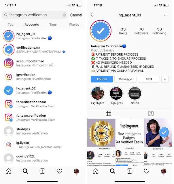 third party scam accounts pretending to sell Instagram badges