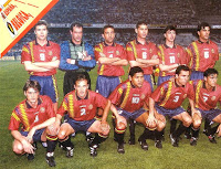 SELECCIÓN DE ESPAÑA - Temporada 1994-95 - Julio Salinas, Zubizarreta, Abelardo, Fernando Hierro, Amavisca y Nadal; Julen Guerrero, Belsúe, Donato, Sergi y Luis Enrique - ESPAÑA 1 (Julen Guerrero), BÉLGICA 1 (Degryse) - 29/03/1995 - Eurocopa de Inglaterra 1996, fase de clasificación - Sevilla, estadio Ramón Sánchez Pizjuán - Alineación: Zubizarreta; Belsúe, Nadal, Abelardo, Sergi; Luis Enrique, Donato, Fernando Hierro, Julen Guerrero (Higuera, 36'); Julio Salinas (Pizzi, 65') y Amavisca