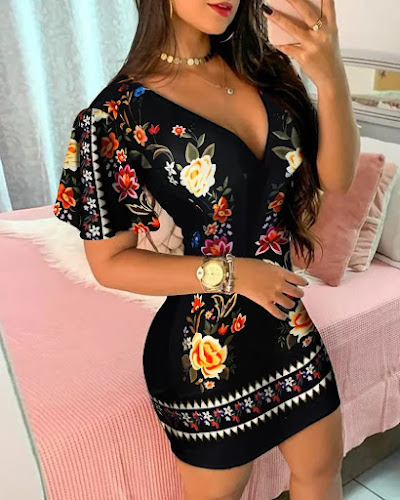 Ruffles Sleeve Floral Print Bodycon Dress