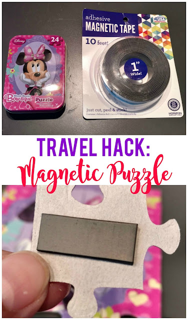 Use a dollar store cookie sheet, magnetic tape and a puzzle and you've instantly got an activity to keep your kids busy in the car!