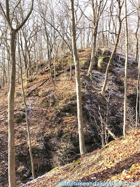 Snow dusting the rocky features of the gorge at Kishwaukee Gorge North.