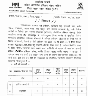 ITI TRAINING OFFICER GUEST LECTURER VACANCY 2024 : आईटीआई में प्रशिक्षण अधिकारी मेहमान प्रवक्ता पदों की भर्ती