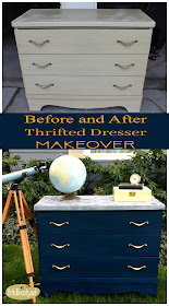 before and after handsome blue thrifted dresser painted makeover geometric stencil brass hardware