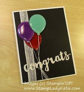 Balloon Card made with Stampinup's Balloon Bouquet Punch by StampLadyKatie. The balloons were covered with the Fine Tip Glue Pen clear glue (crystal laquer)