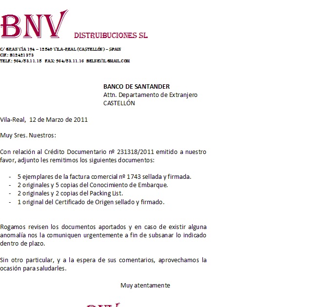 BELNEVIL DISTRIBUCIONES SL: Carta al Banco