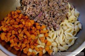 Cubes of butternut squash, Italian sausage crumbles, hot pasta and creamy burrata cheese.