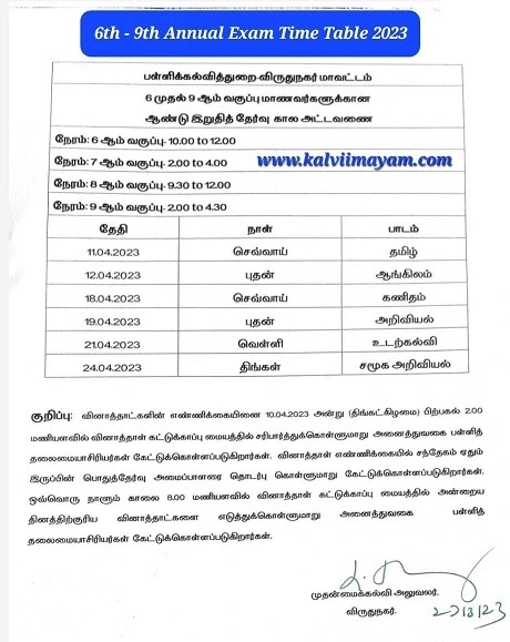 6th - 9th Annual Exam Time Table 2023 - Virudhunagar District