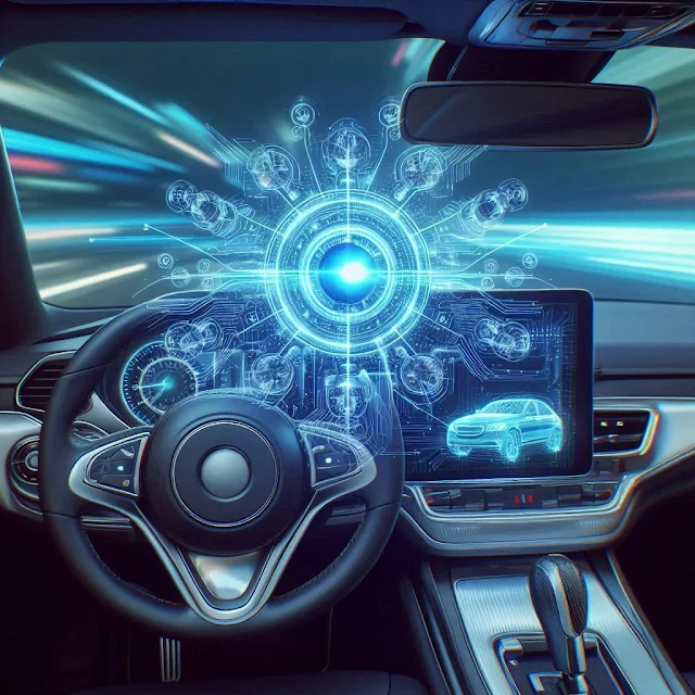 An autonomous car navigates a futuristic city, its AI-driven computer vision system detecting obstacles, reading signs, and seamlessly adapting to urban traffic.