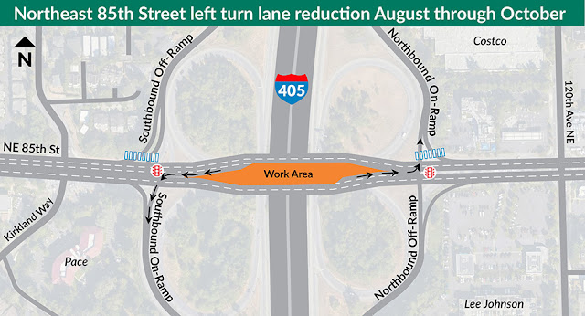 Images shows the reduced left lanes for the northbound and southbound I-405 on-ramps on Northeast 85th Street. This will allow space to create a work area in the center of Northeast 85th Street.