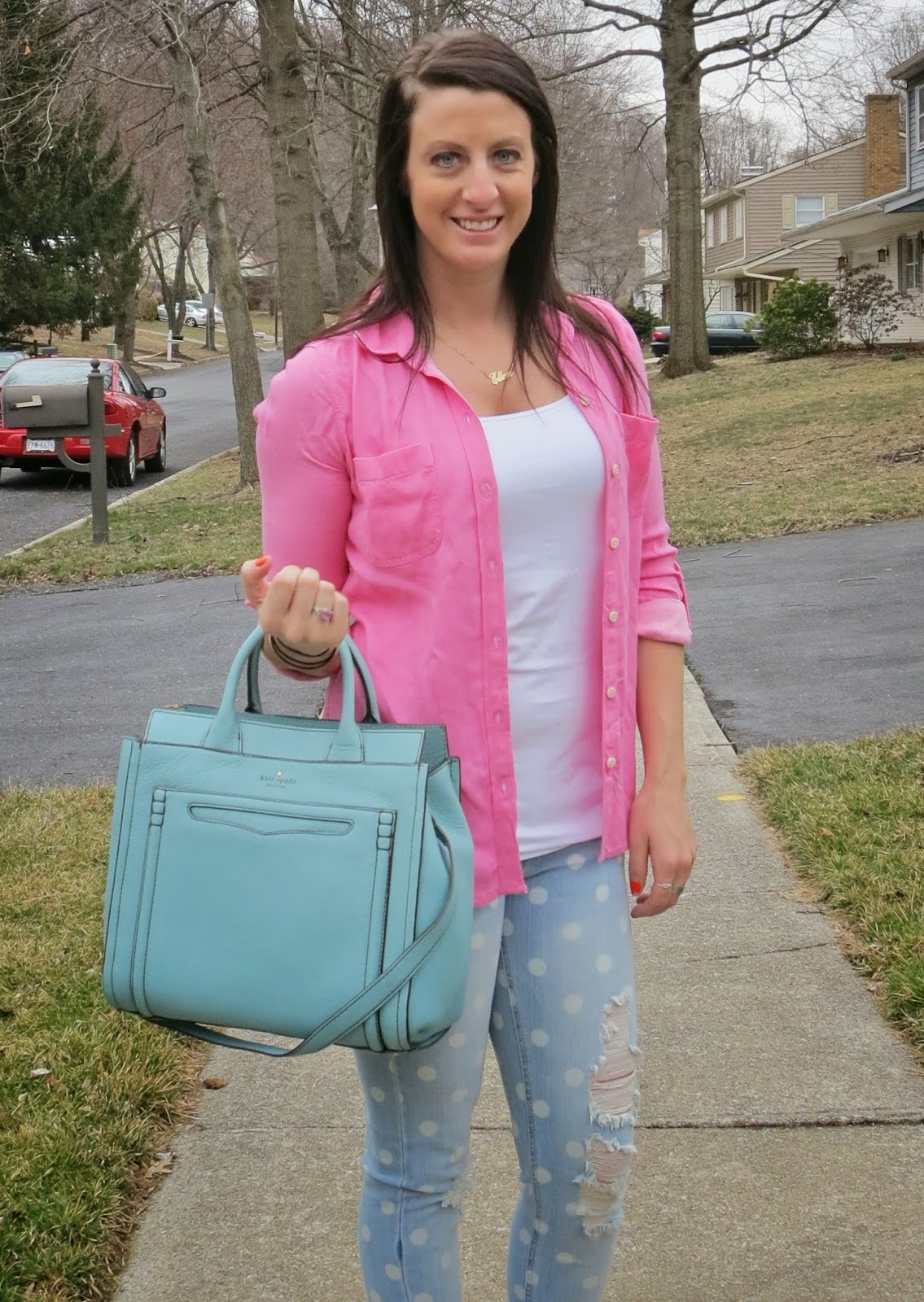 kate spade claremont bag, pink blouse, fashion, outfit, leopard sperrys, polka dot jeans