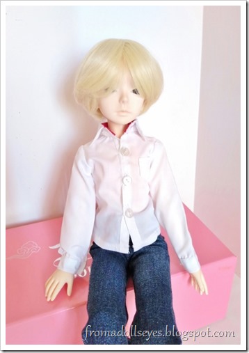A white button down shirt for a msd bjd, now worn by its new owner.  It looks nice on him, fits well.
