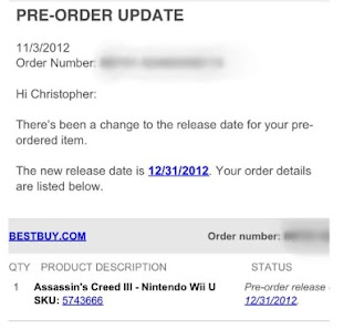 Best Buy e-mail saying Assassin's Creed III delayed on Wii U