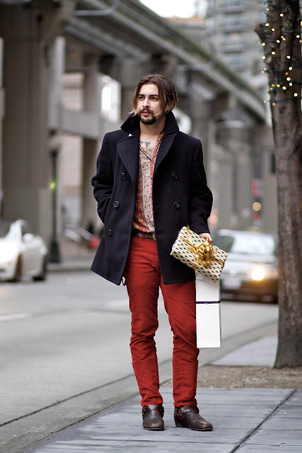 Josh Garcia Christmas present navy peacoat ombre red pants frye boots Nordstrom vintage shirt